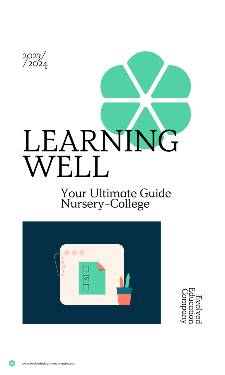 A picture of the front page of the Learning Well Guide for 2023-2024 with the logo on front with an icon of a checklist and a plant.